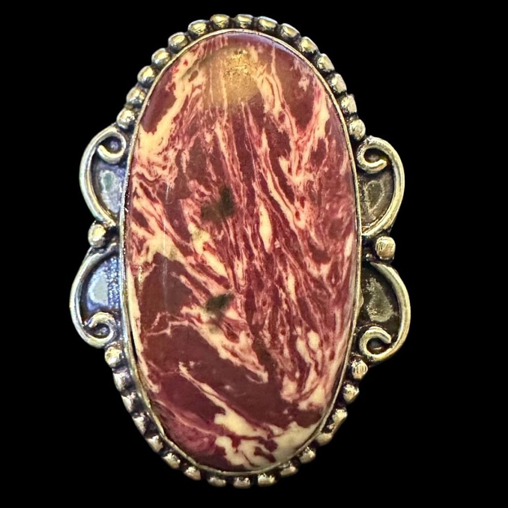 Natural Spiny Oyster Purple Dahlia Stone Sterling Silver Overlay Ring Size 8